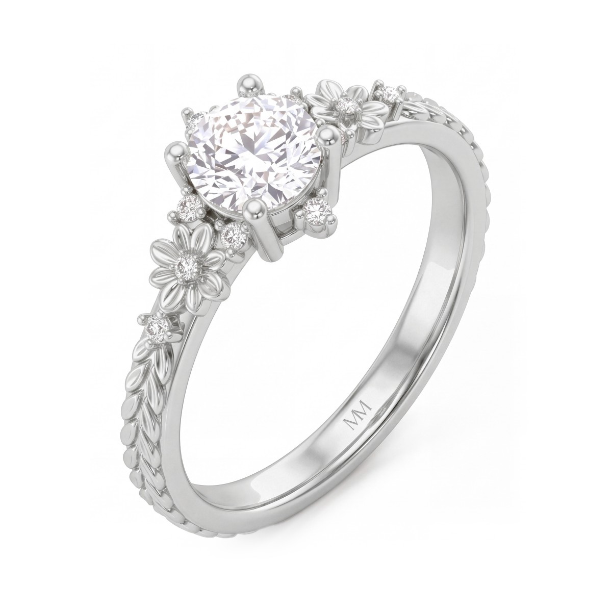 Primrose - Anel vintage de moissanite redonda com ombros florais