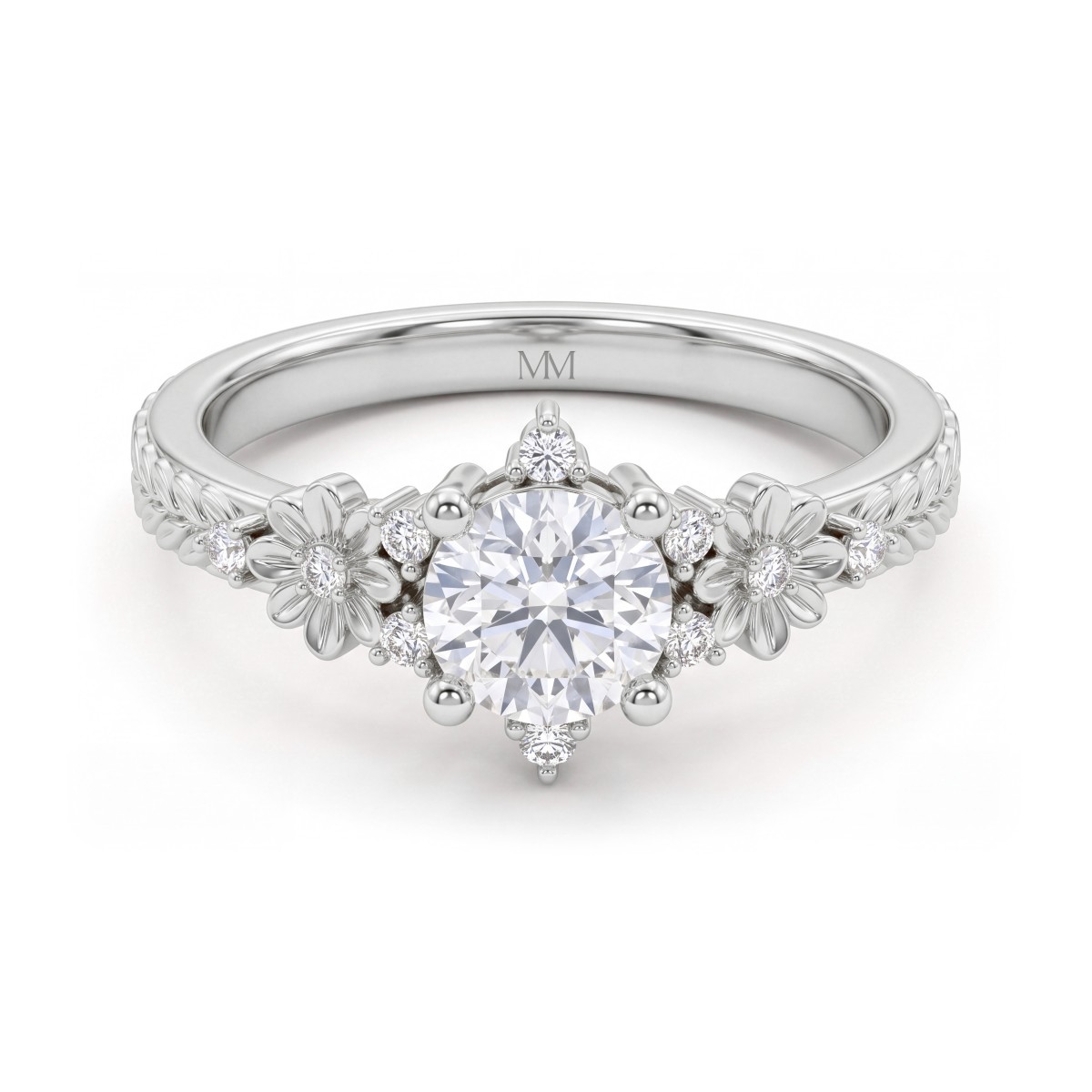 Primrose - Anel vintage de moissanite redonda com ombros florais