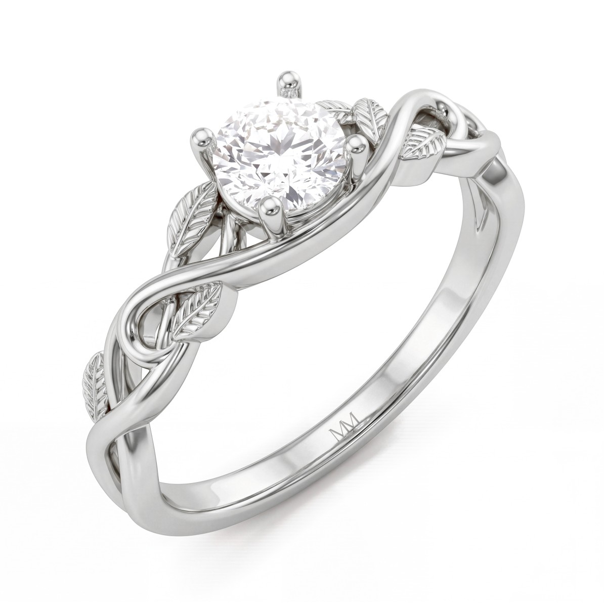 Ivy - Anel de noivado com moissanite redonda e ombros em forma de trepadeira com folhas
