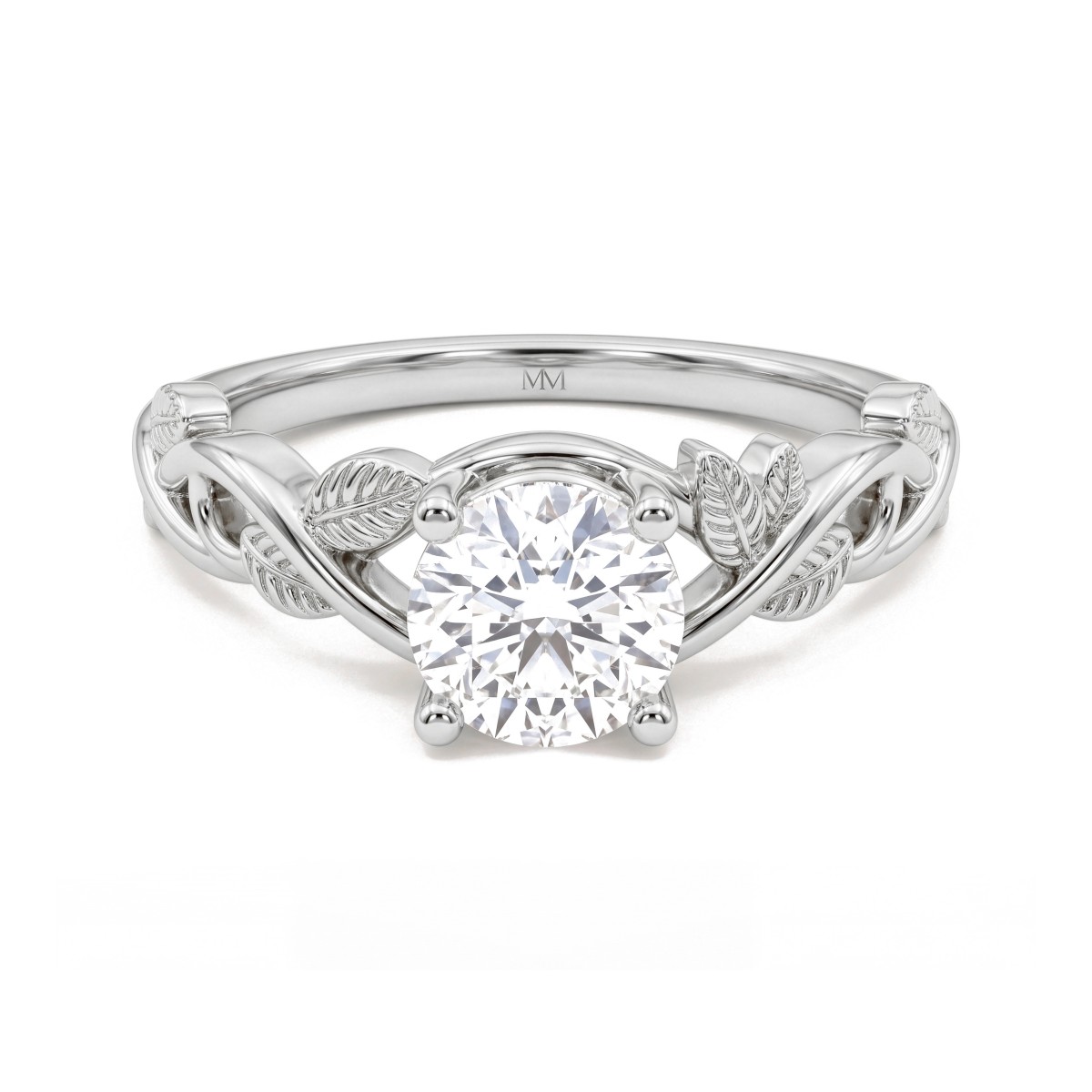 Ivy - Anel de noivado com moissanite redonda e ombros em forma de trepadeira com folhas