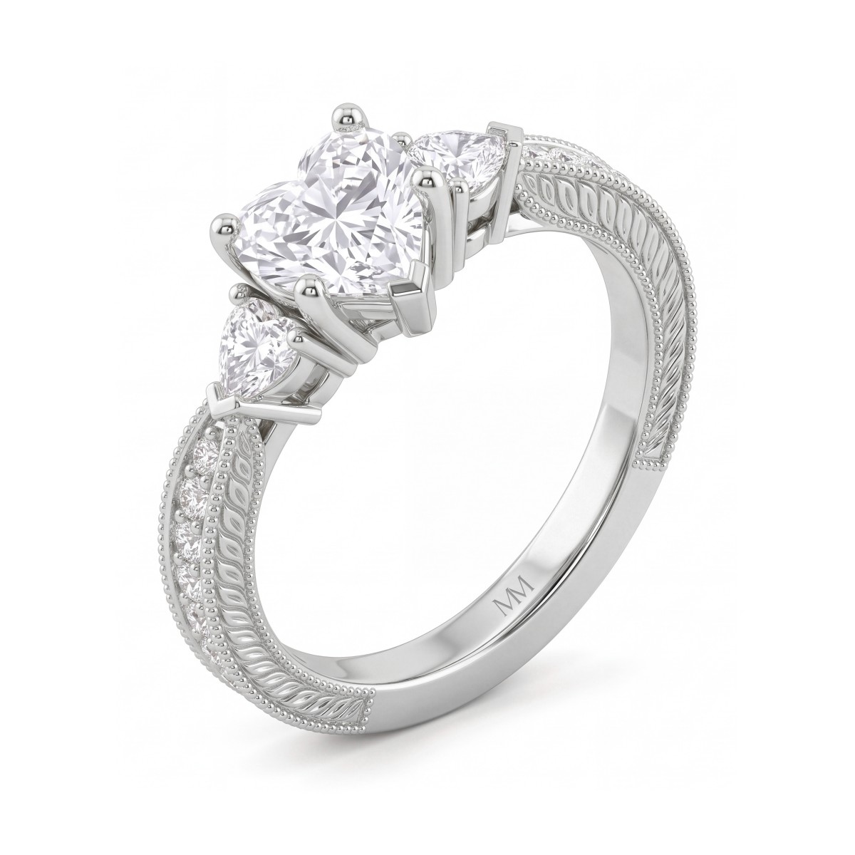 Cherie - Anel de moissanite com talhe coração e pedras laterais em forma de coração