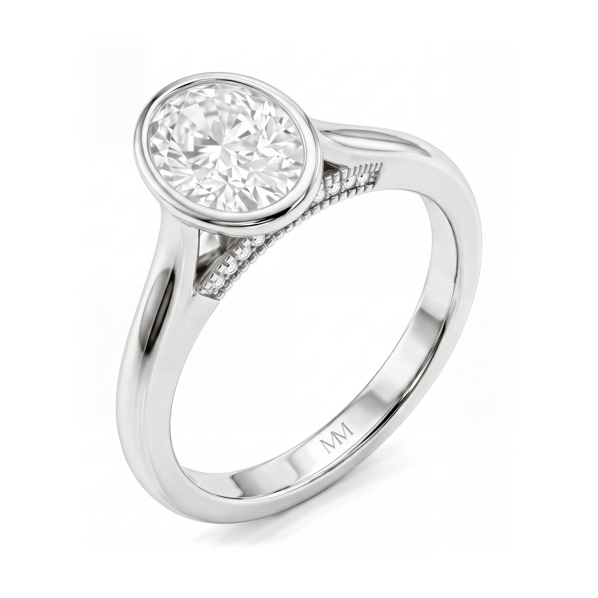 Camille - Anel com moissanite oval e cravação em virola com galeria calada