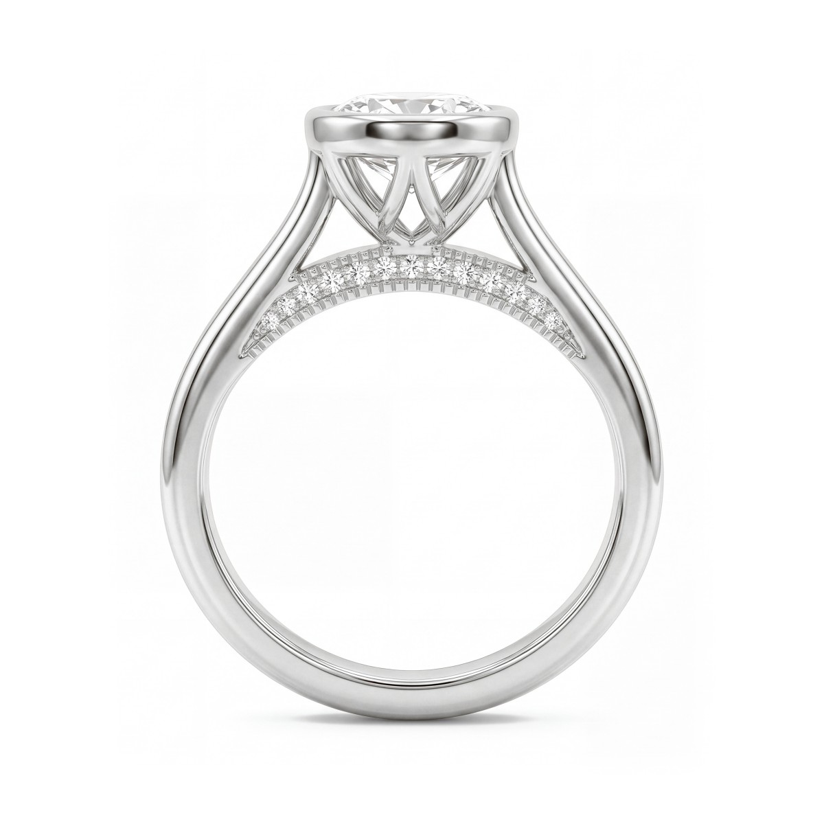 Camille - Anel com moissanite oval e cravação em virola com galeria calada
