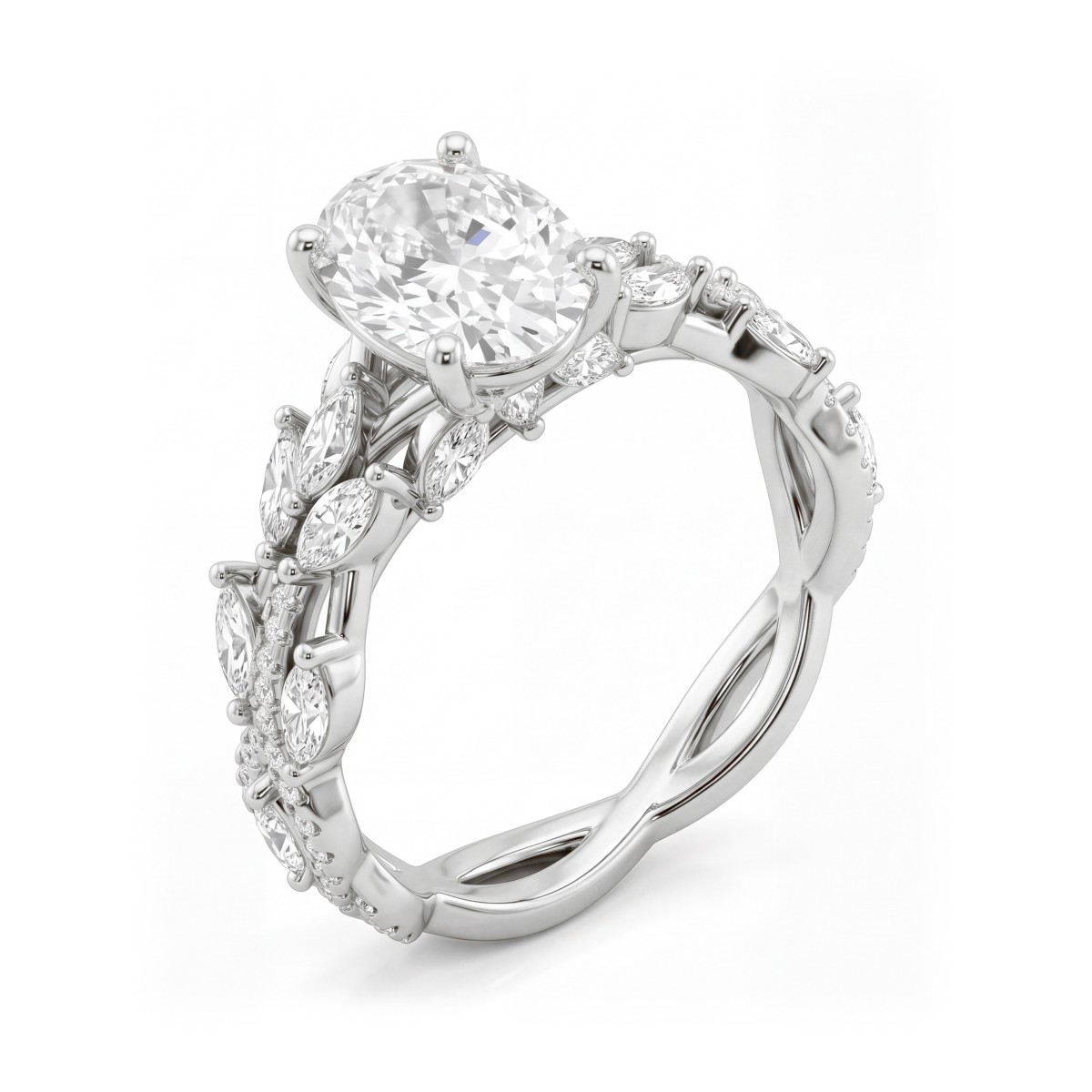 Wisteria - Anel em moissanite oval com aro em forma de videira entrelaçada