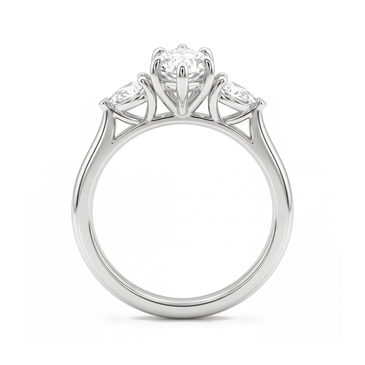 Navette - Anel de noivado de três pedras em moissanite navette com pedras laterais em pera orientadas para fora
