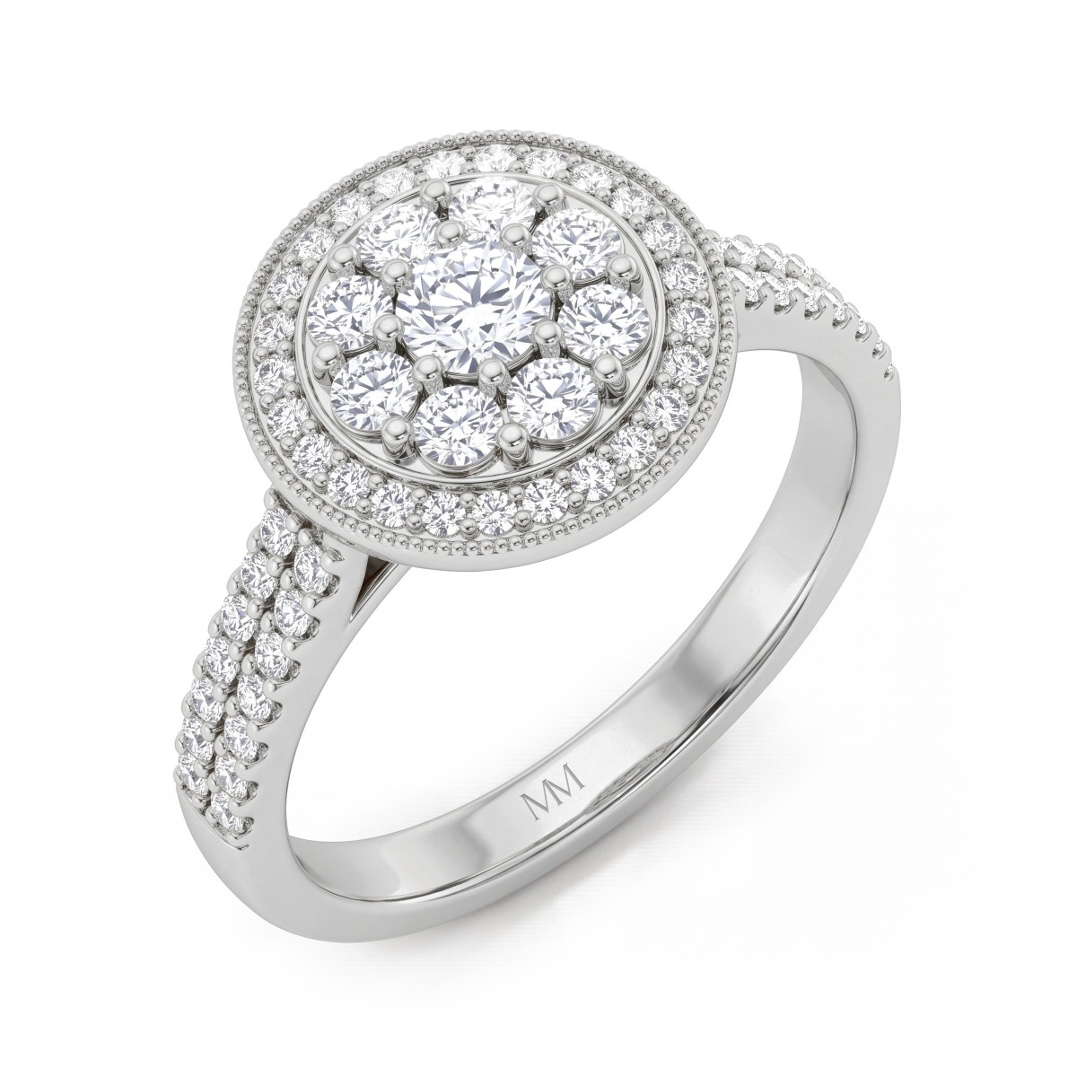 Corollina - Anel de moissanite com agrupamento redondo, halo e ombros em pavé