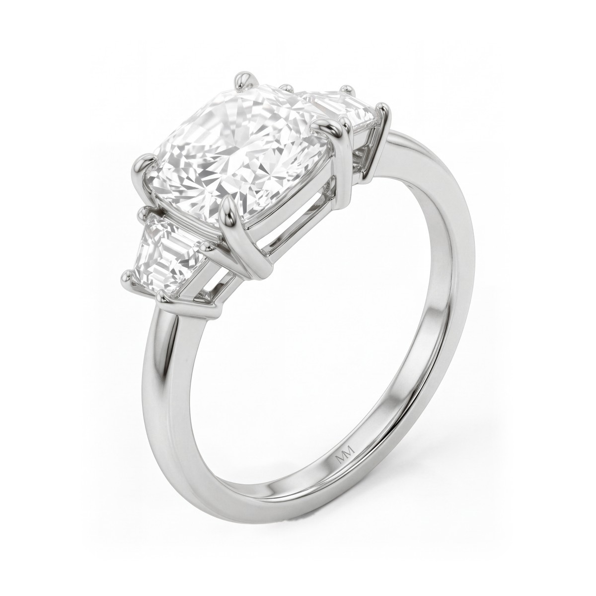 Trinity - Anel de três pedras em moissanite de talhe almofada com pedras laterais trapezoidais