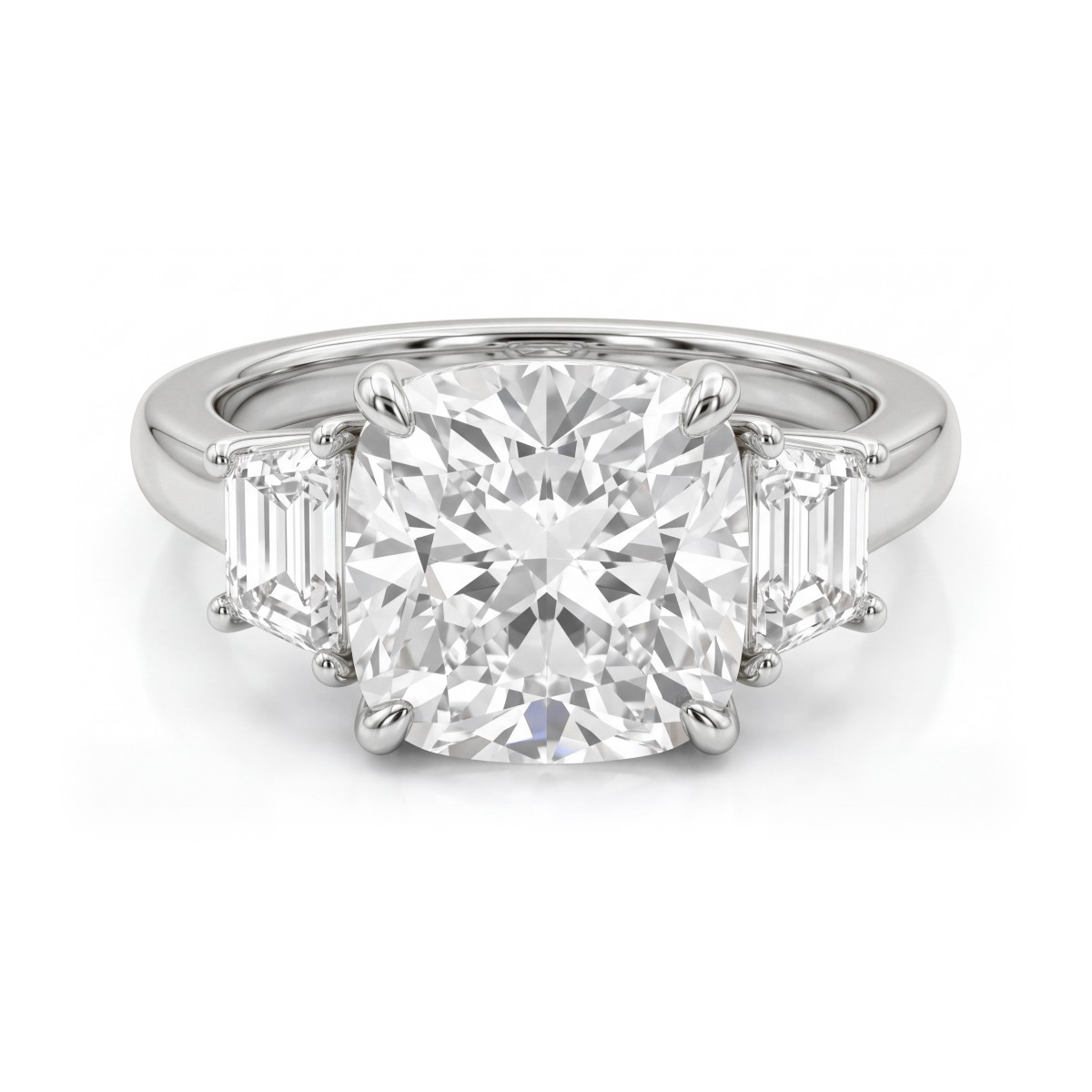 Trinity - Anel de três pedras em moissanite de talhe almofada com pedras laterais trapezoidais