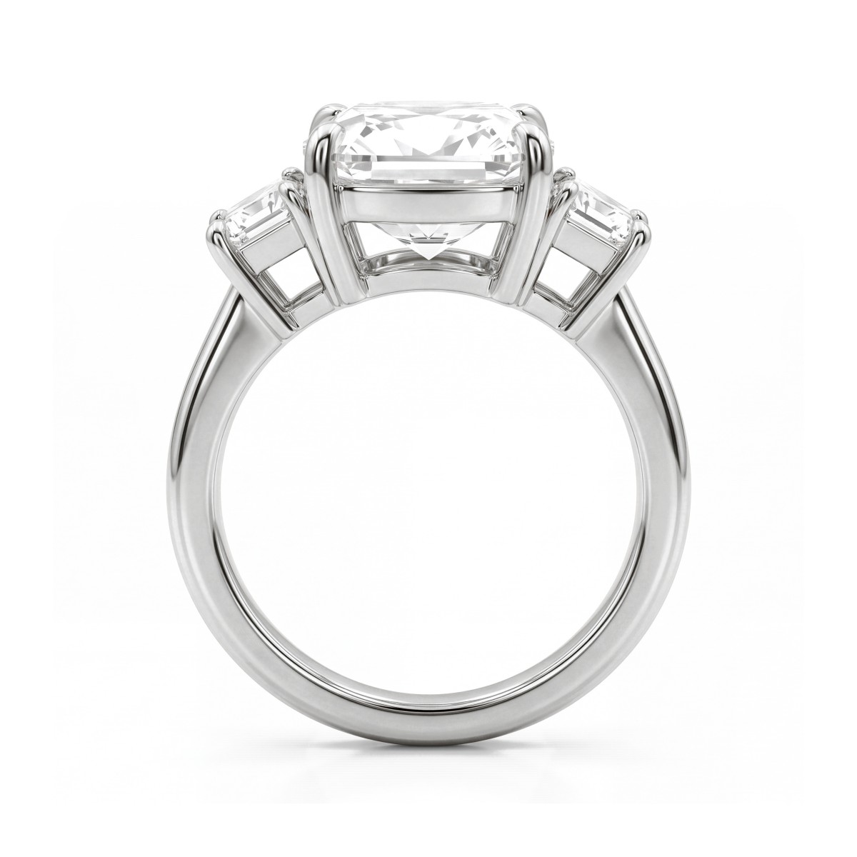 Trinity - Anel de três pedras em moissanite de talhe almofada com pedras laterais trapezoidais