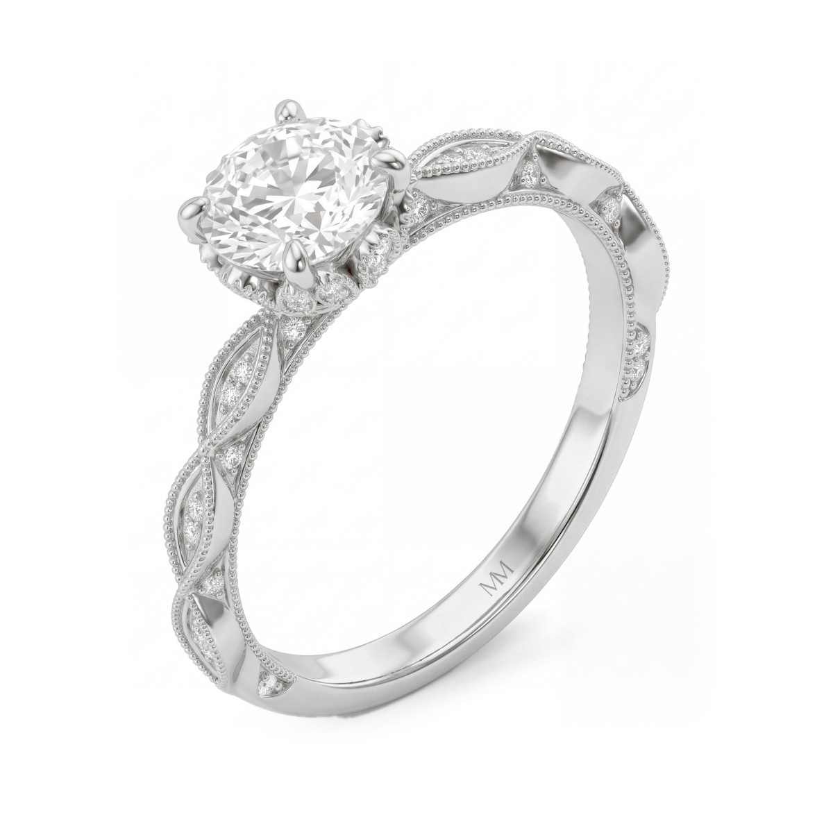 Plume - Anel vintage com moissanite redonda e colarinho em forma de lótus com pavé