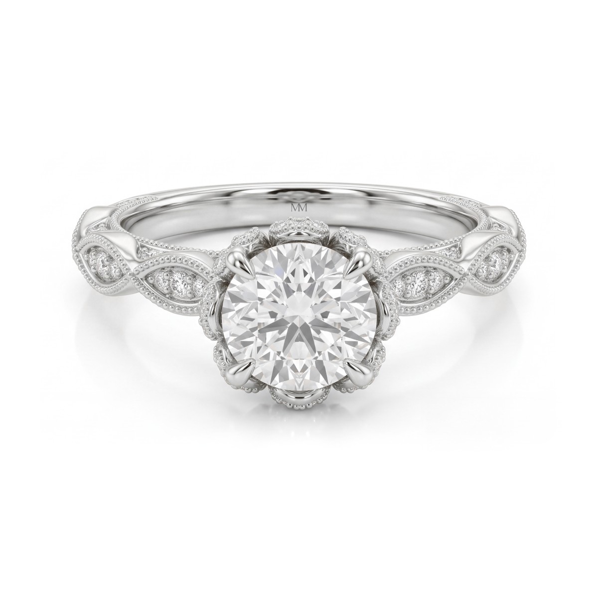 Plume - Anel vintage com moissanite redonda e colarinho em forma de lótus com pavé