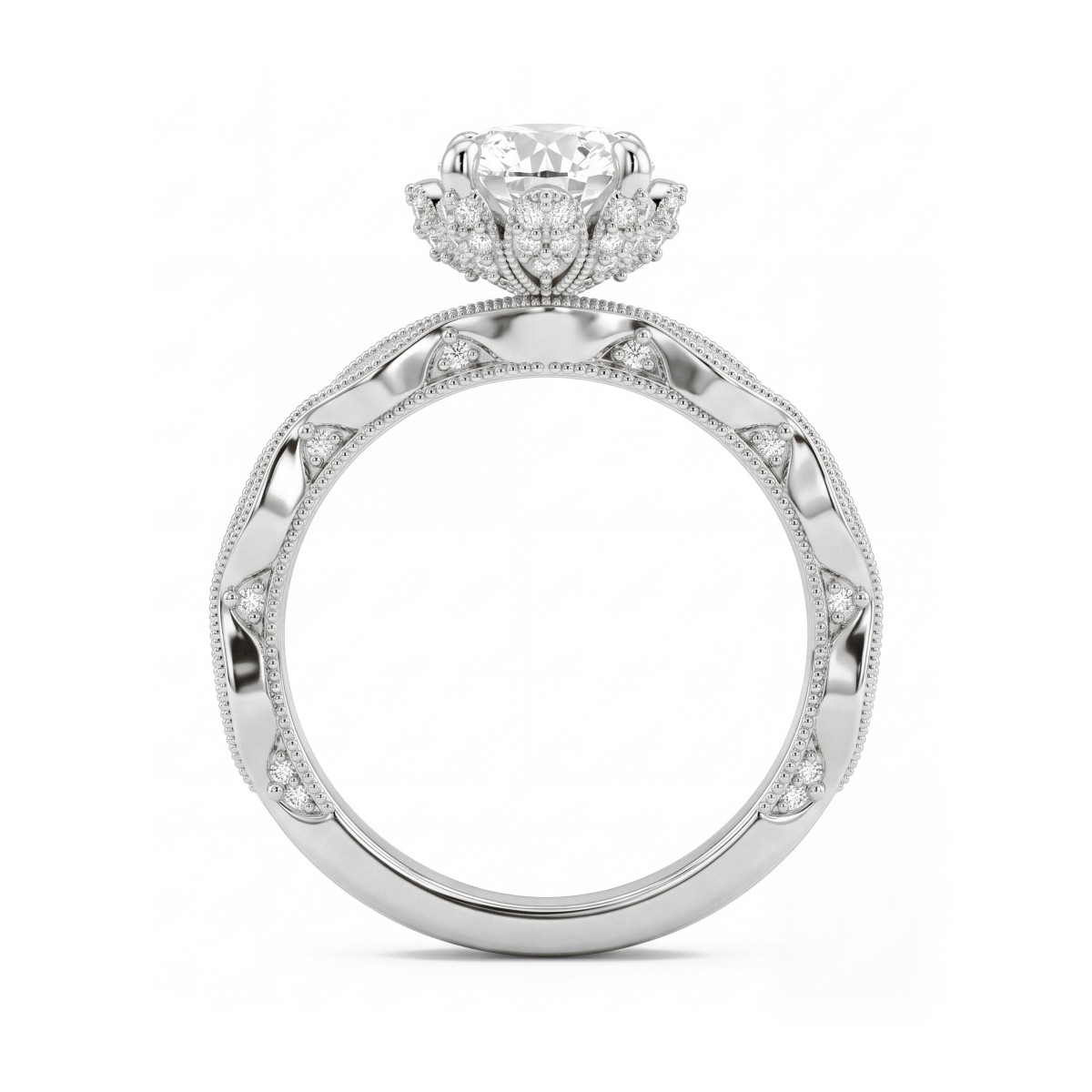 Plume - Anel vintage com moissanite redonda e colarinho em forma de lótus com pavé