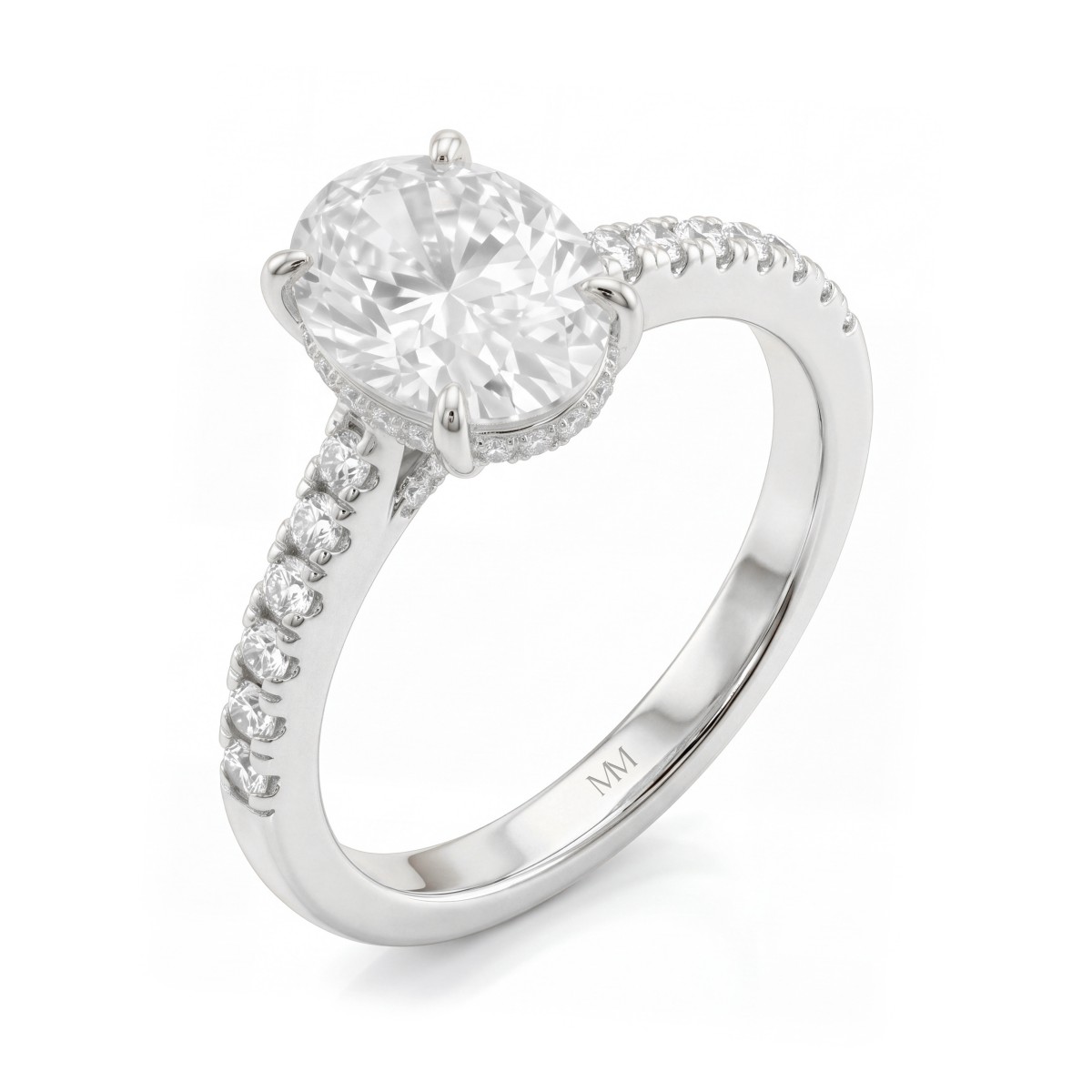 Arcadia - Anel de moissanite oval com halo oculto e ombros em pavé