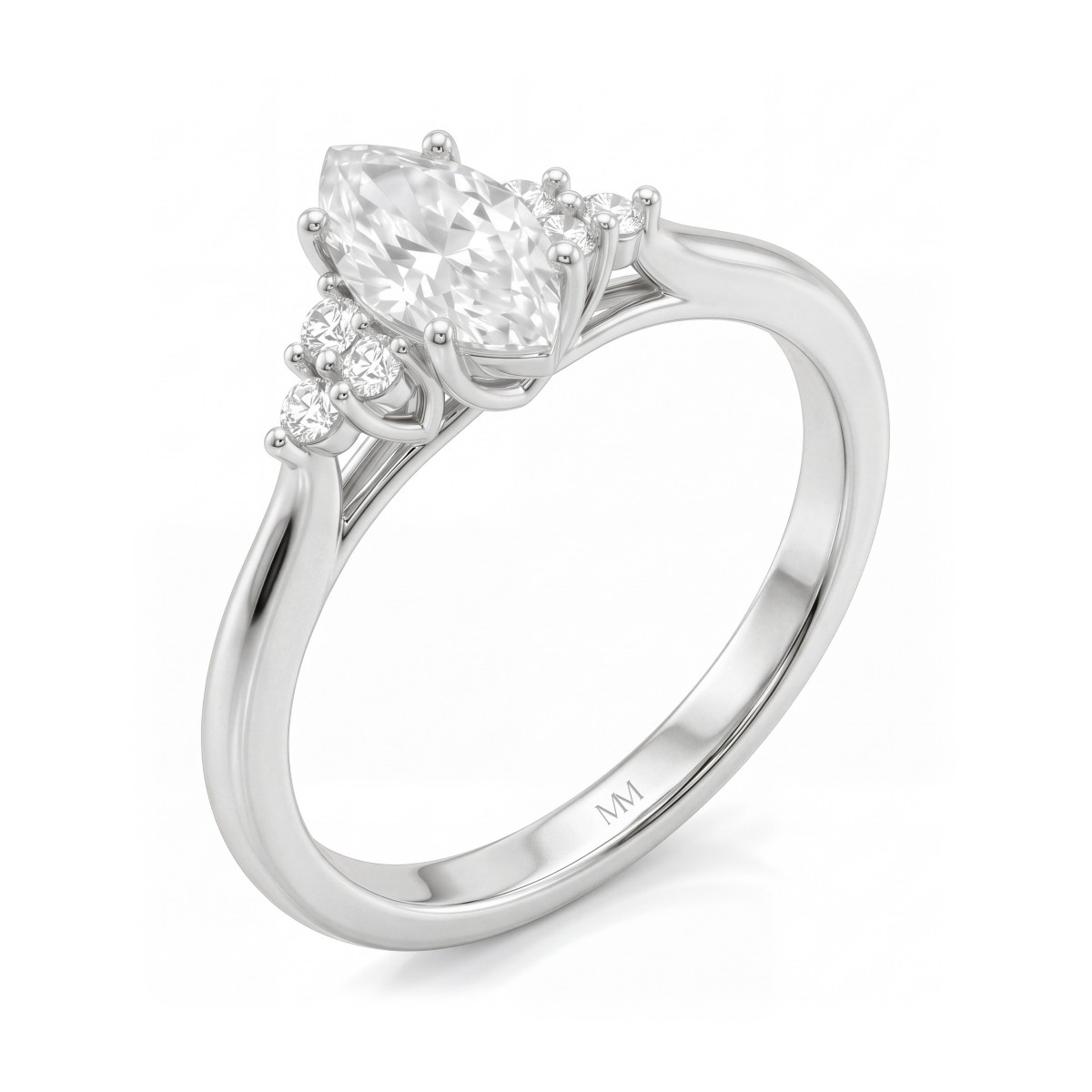 Posy - Anel de moissanite navette com pedras laterais agrupadas