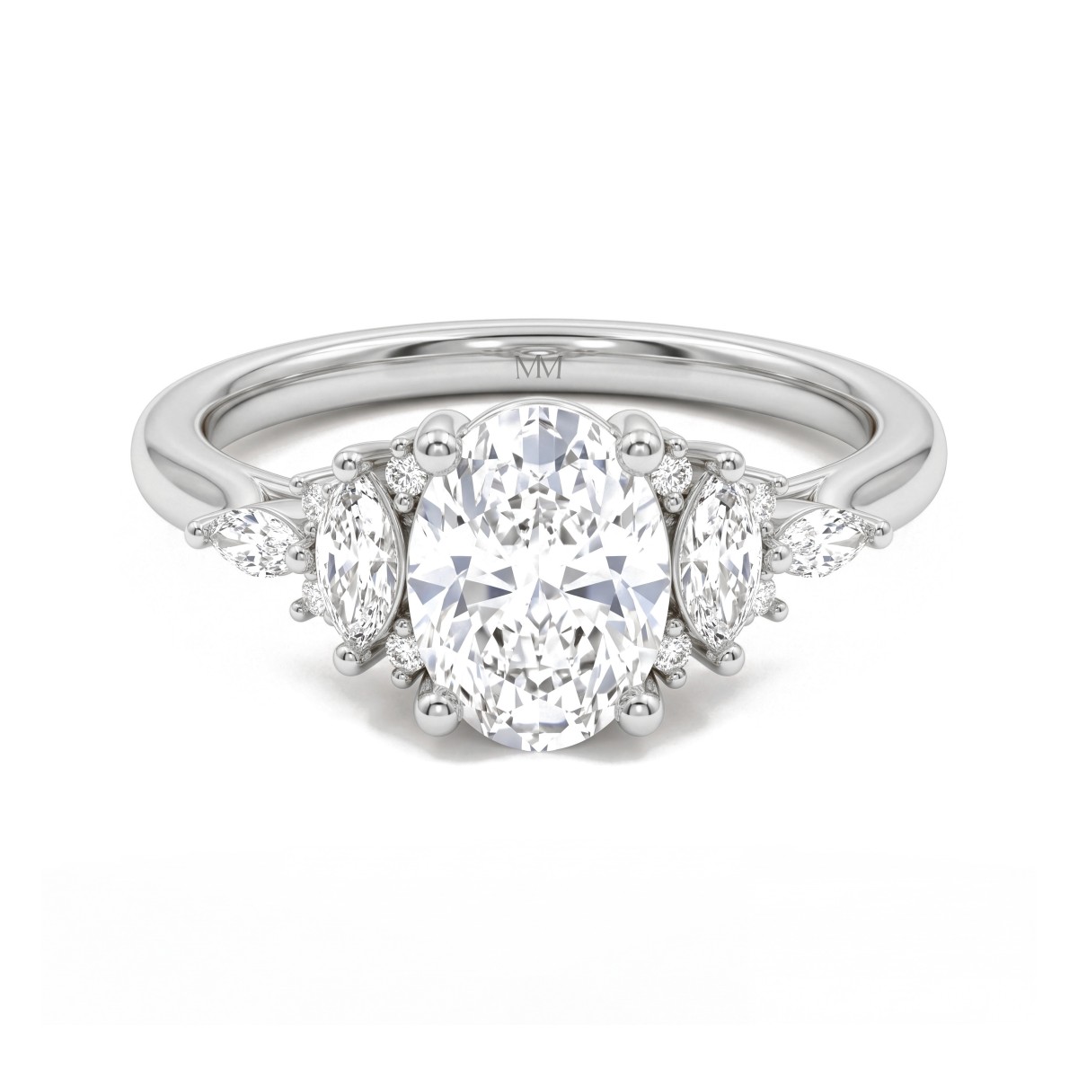 Ondine - Anel em moissanite oval com conjuntos de pedras navette nos ombros