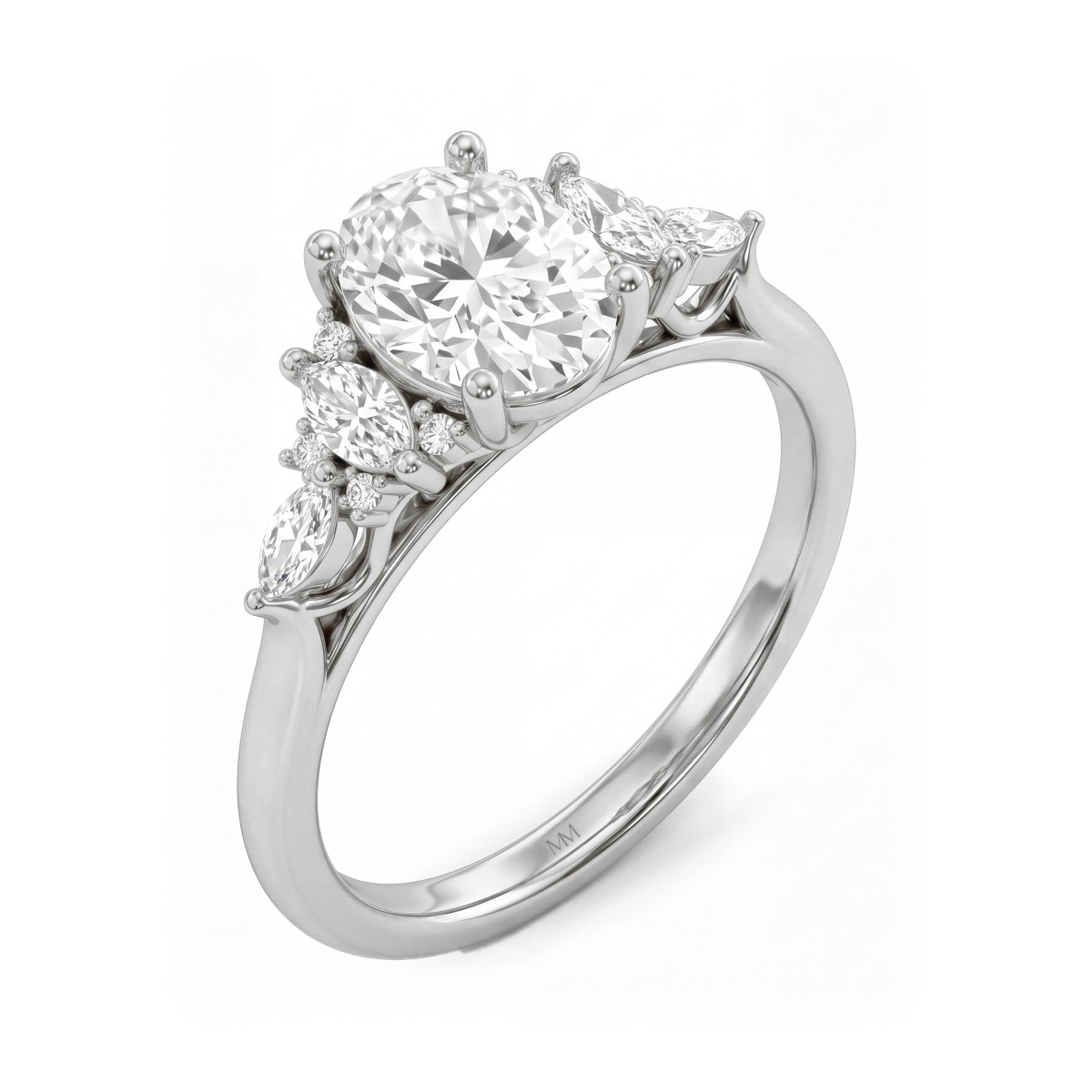 Ondine - Anel em moissanite oval com conjuntos de pedras navette nos ombros