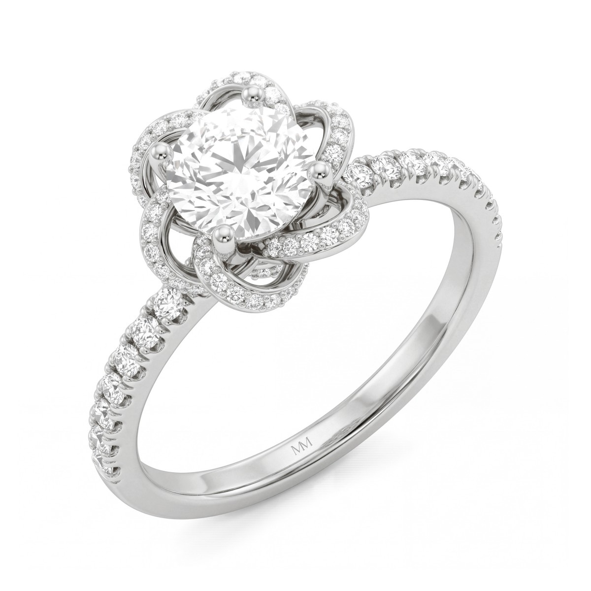 Camellia - Anel de moissanite redonda com pétalas em forma de fita cravejadas em pavé