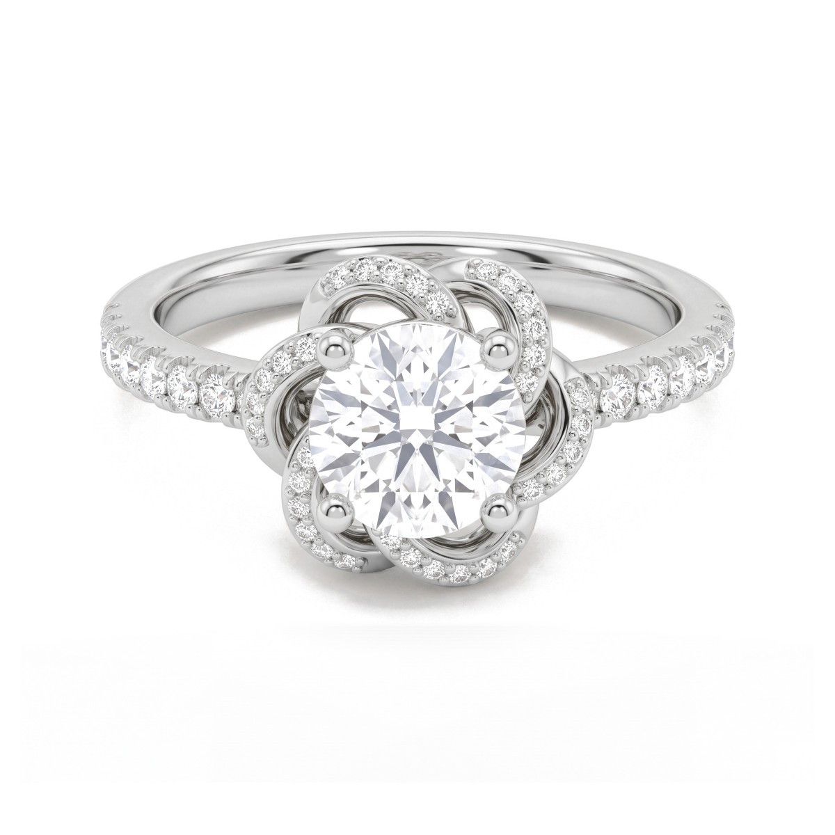 Camellia - Anel de moissanite redonda com pétalas em forma de fita cravejadas em pavé