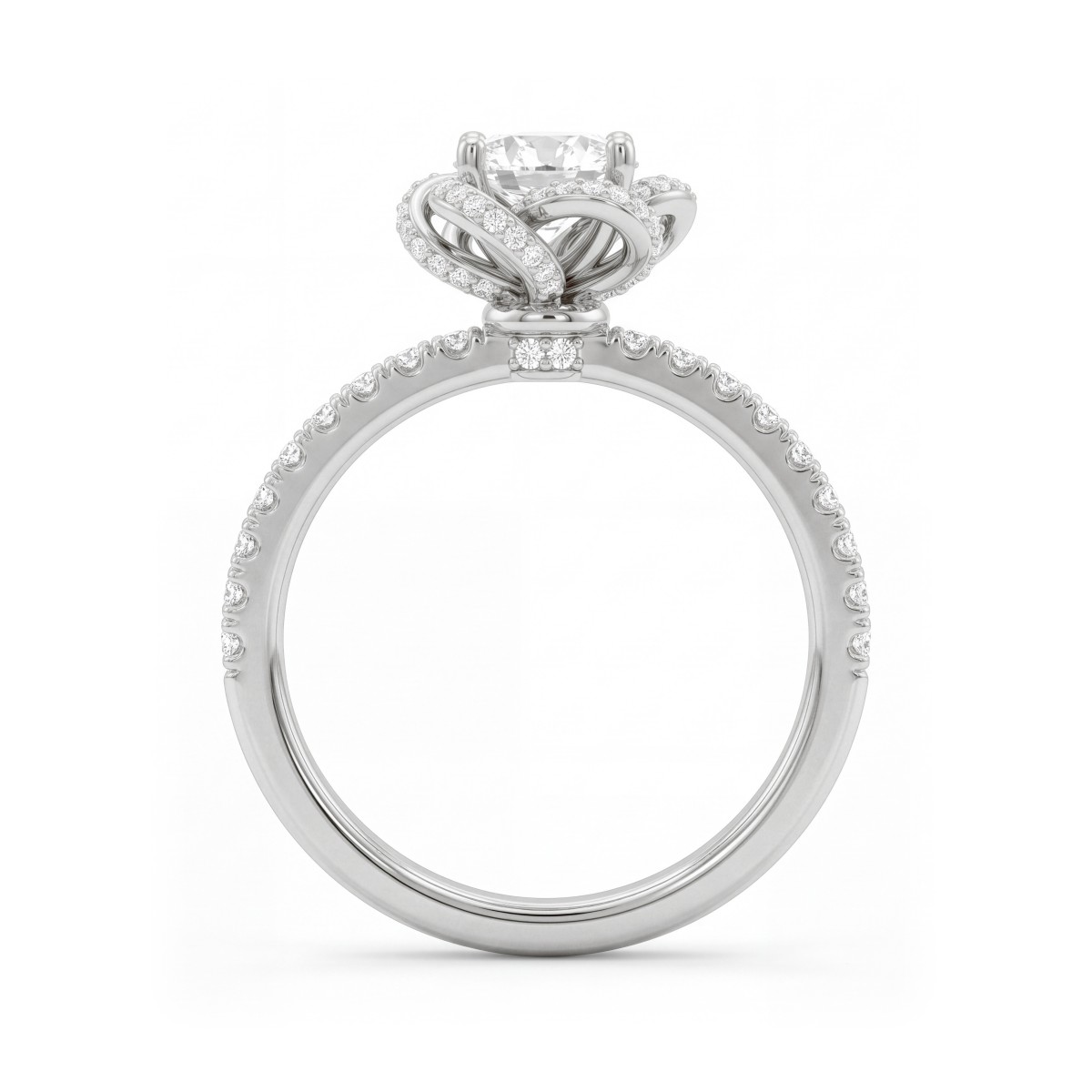 Camellia - Anel de moissanite redonda com pétalas em forma de fita cravejadas em pavé