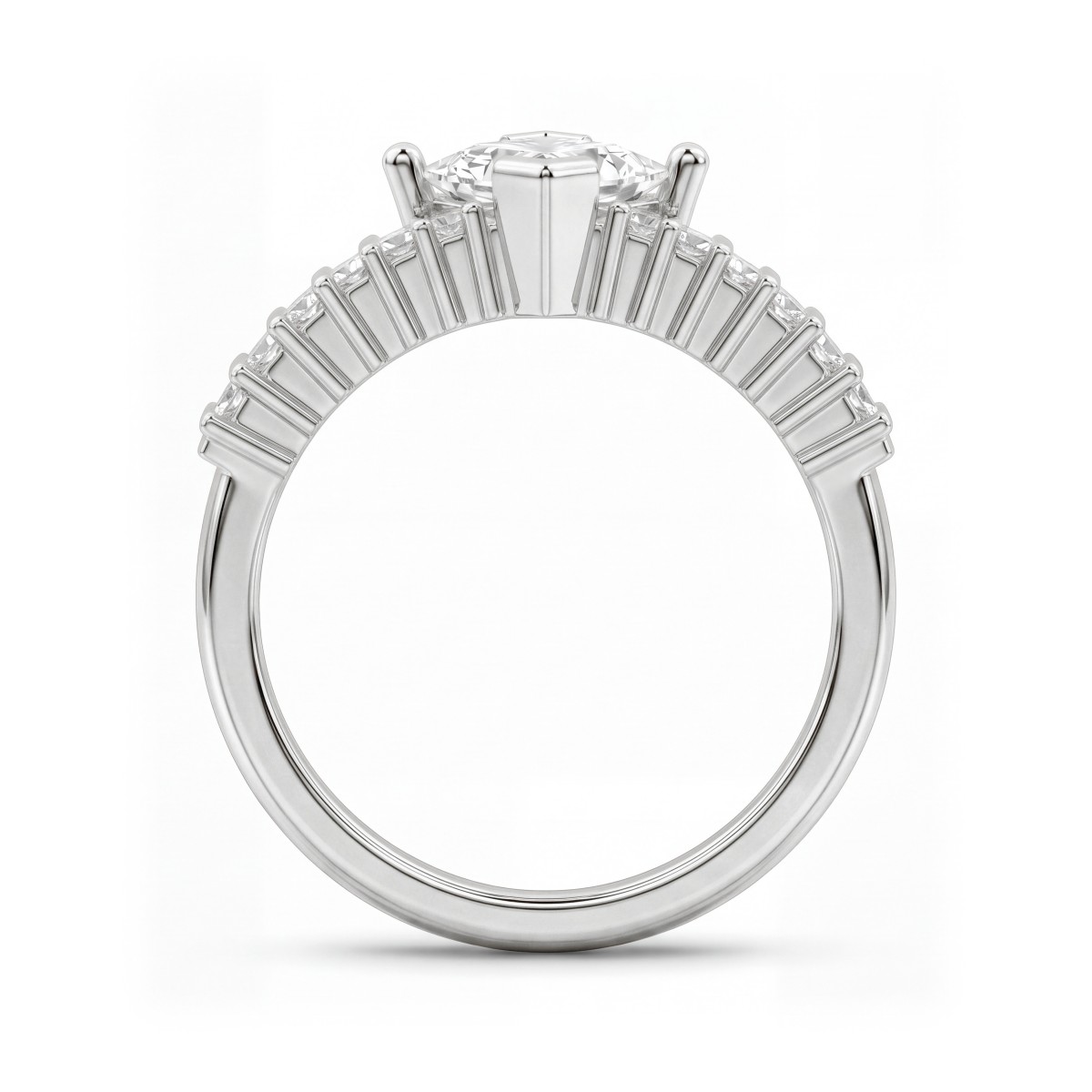 Princelle - Anel art déco em moissanite de talhe princesa com ombros com pedras de talhe baguette dispostas em degraus