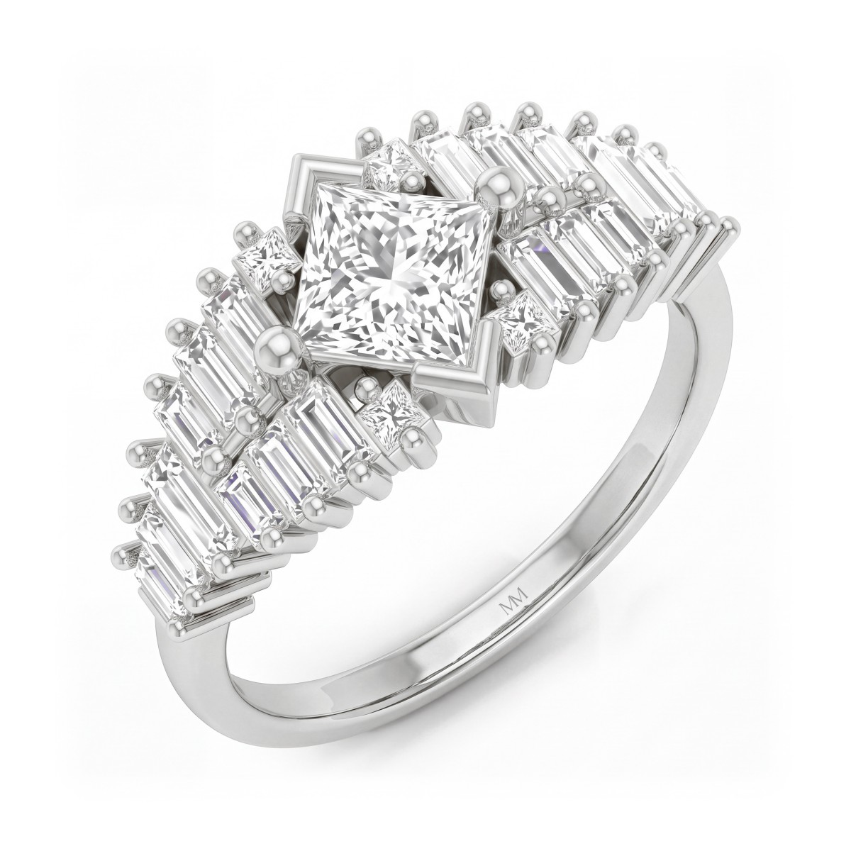 Princelle - Anel art déco em moissanite de talhe princesa com ombros com pedras de talhe baguette dispostas em degraus