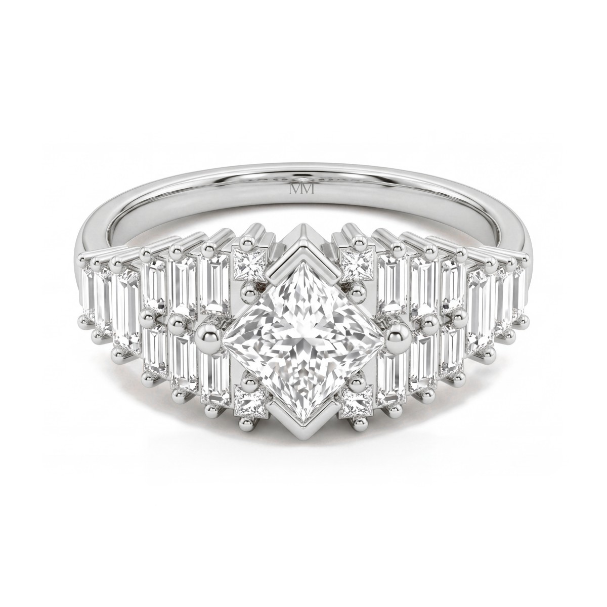 Princelle - Anel art déco em moissanite de talhe princesa com ombros com pedras de talhe baguette dispostas em degraus