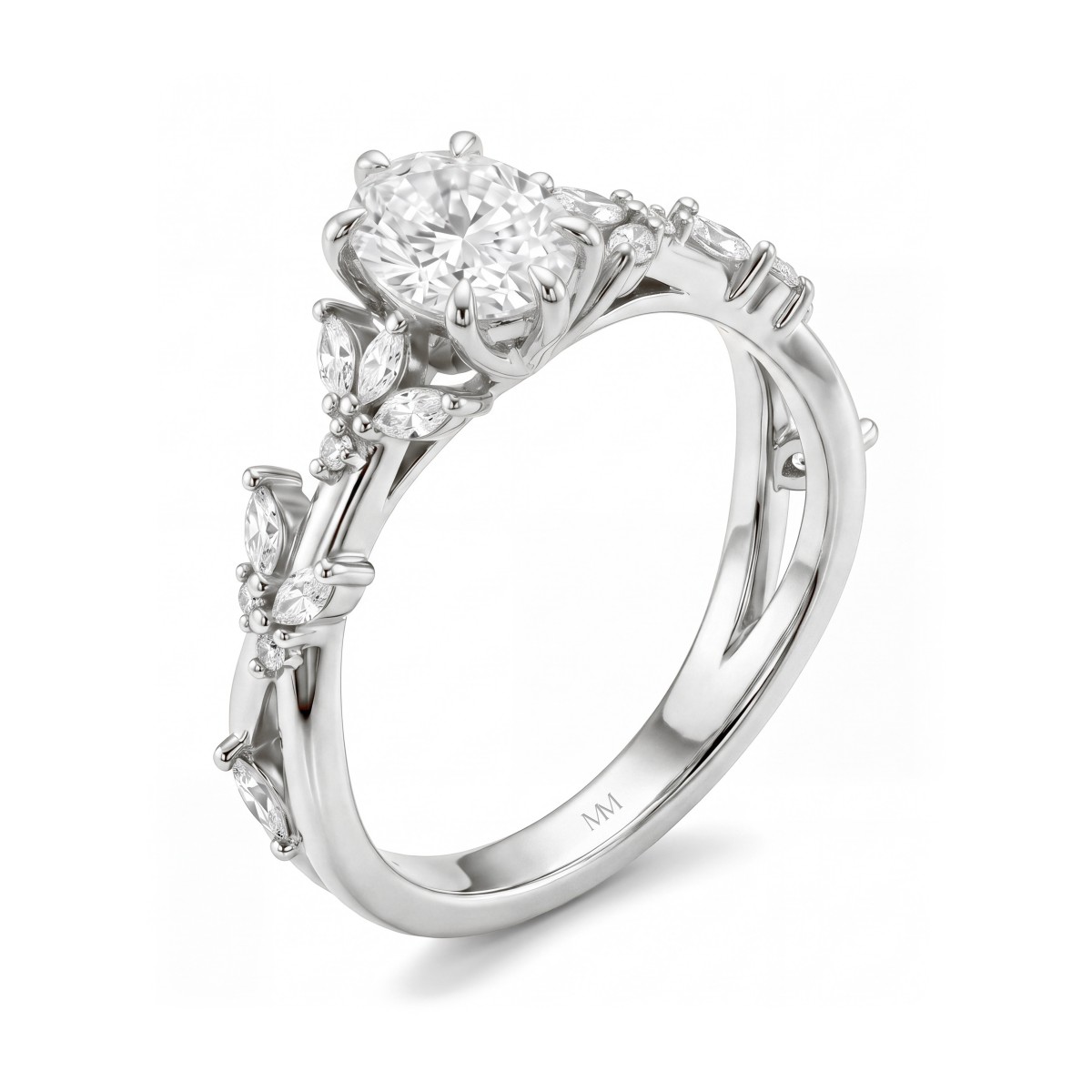 Sylvaine - Anel de noivado em moissanite oval com grupos de pedras navette em forma de folhas e aro bifurcado