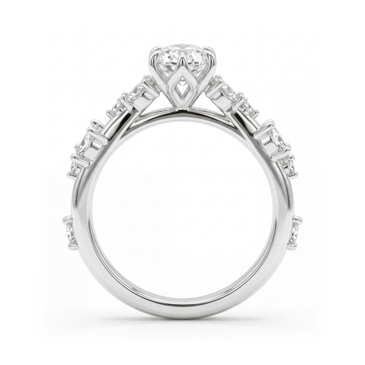 Sylvaine - Anel de noivado em moissanite oval com grupos de pedras navette em forma de folhas e aro bifurcado