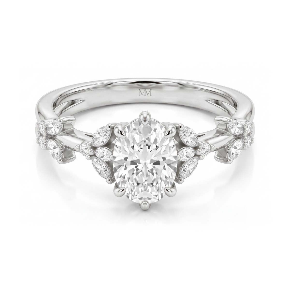 Sylvaine - Anel de noivado em moissanite oval com grupos de pedras navette em forma de folhas e aro bifurcado