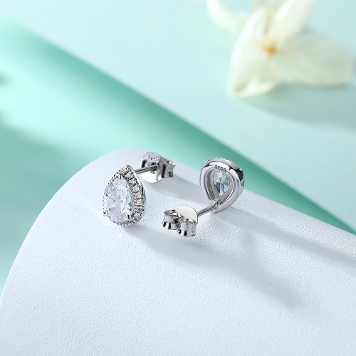 Halo Pears - Brincos de espigão com moissanite em forma de pera e cravação em halo