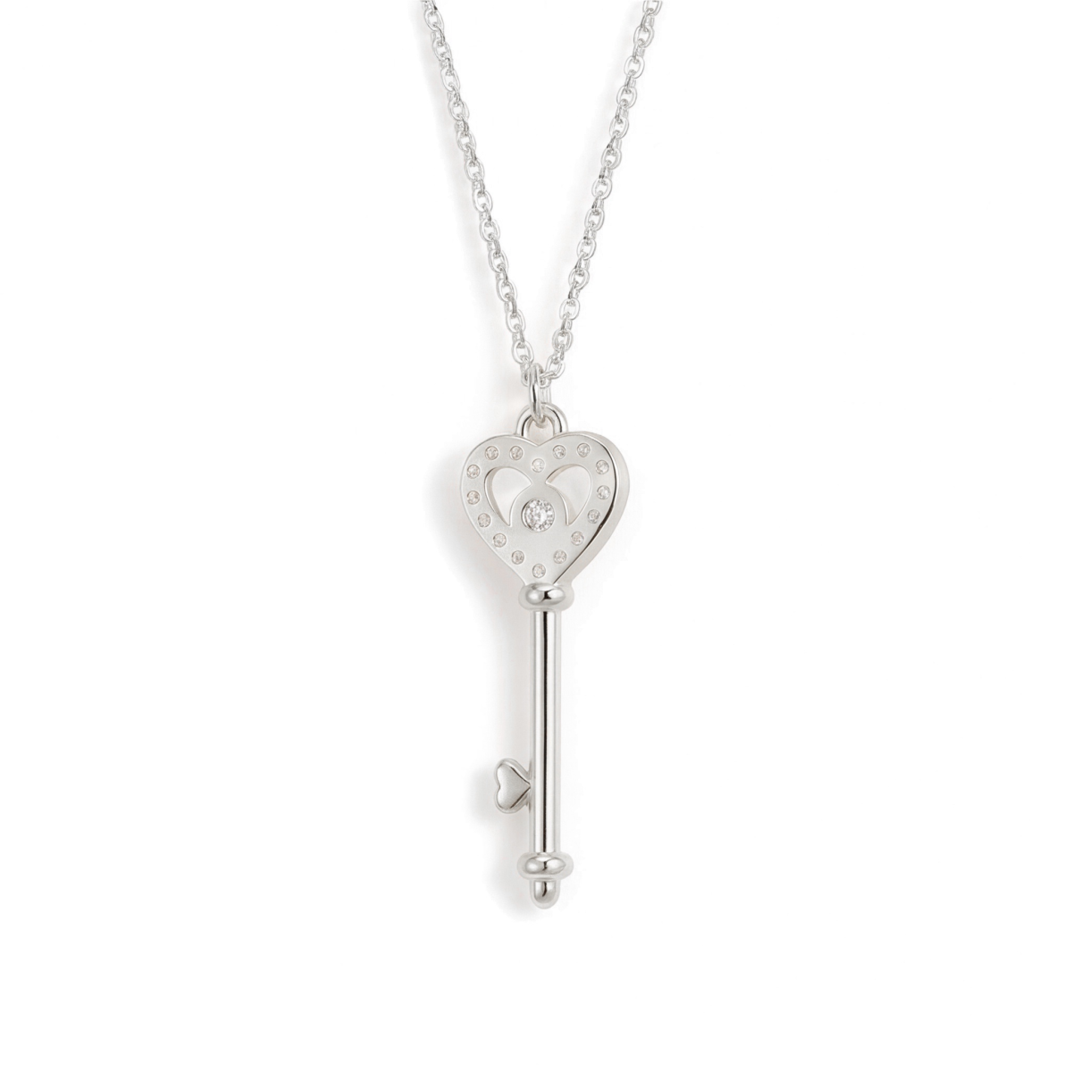 Amore - Pendente em forma de chave com coração, moissanite e cravação em pavé