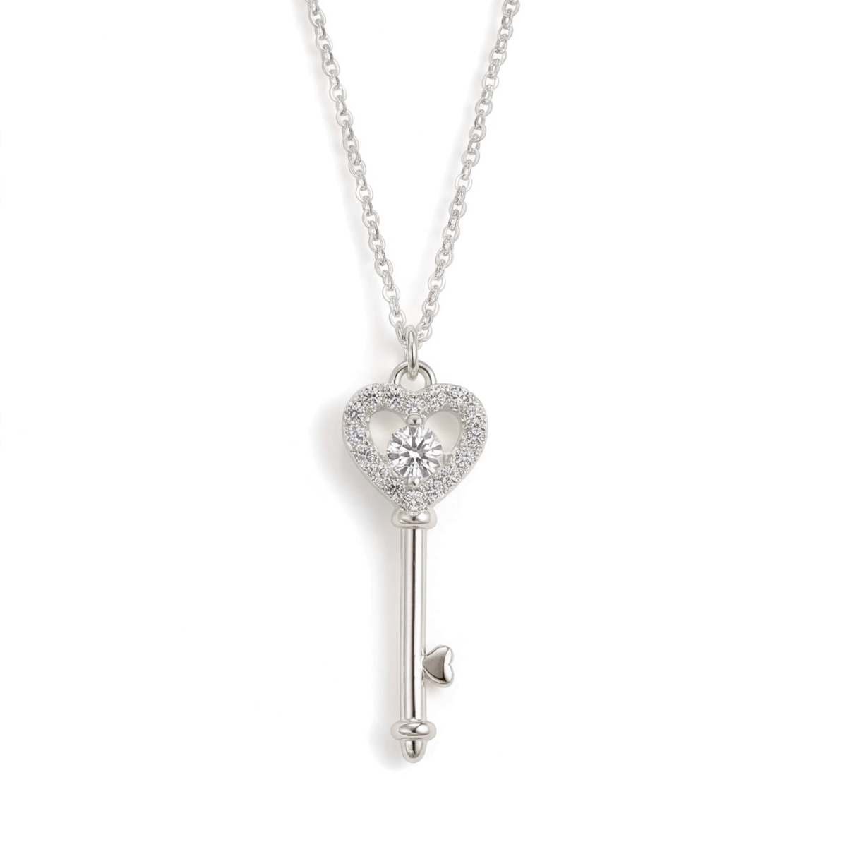 Amore - Pendente em forma de chave com coração, moissanite e cravação em pavé