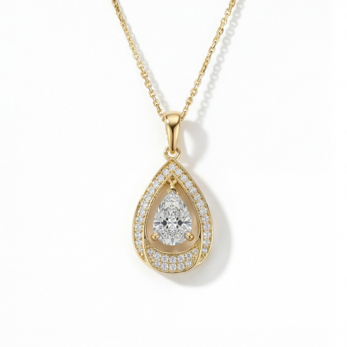 Pendula – Pendente com moissanite em forma de gota com a elegância do halo duplo