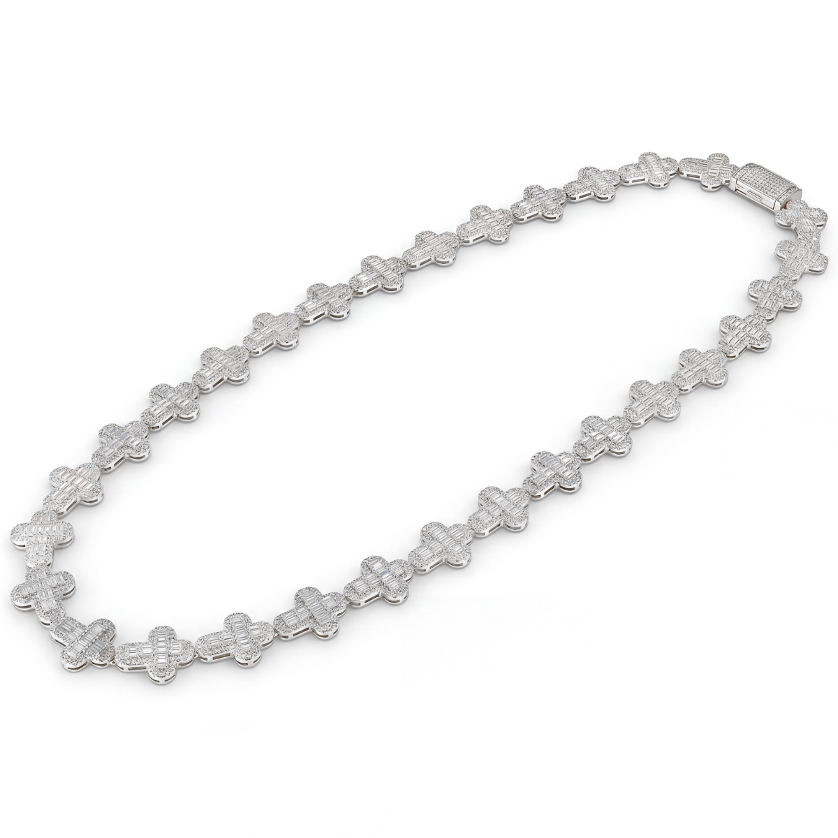 Virtuoso - Corrente com cruz em moissanite de talhe esmeralda, com pavé e fecho marcante