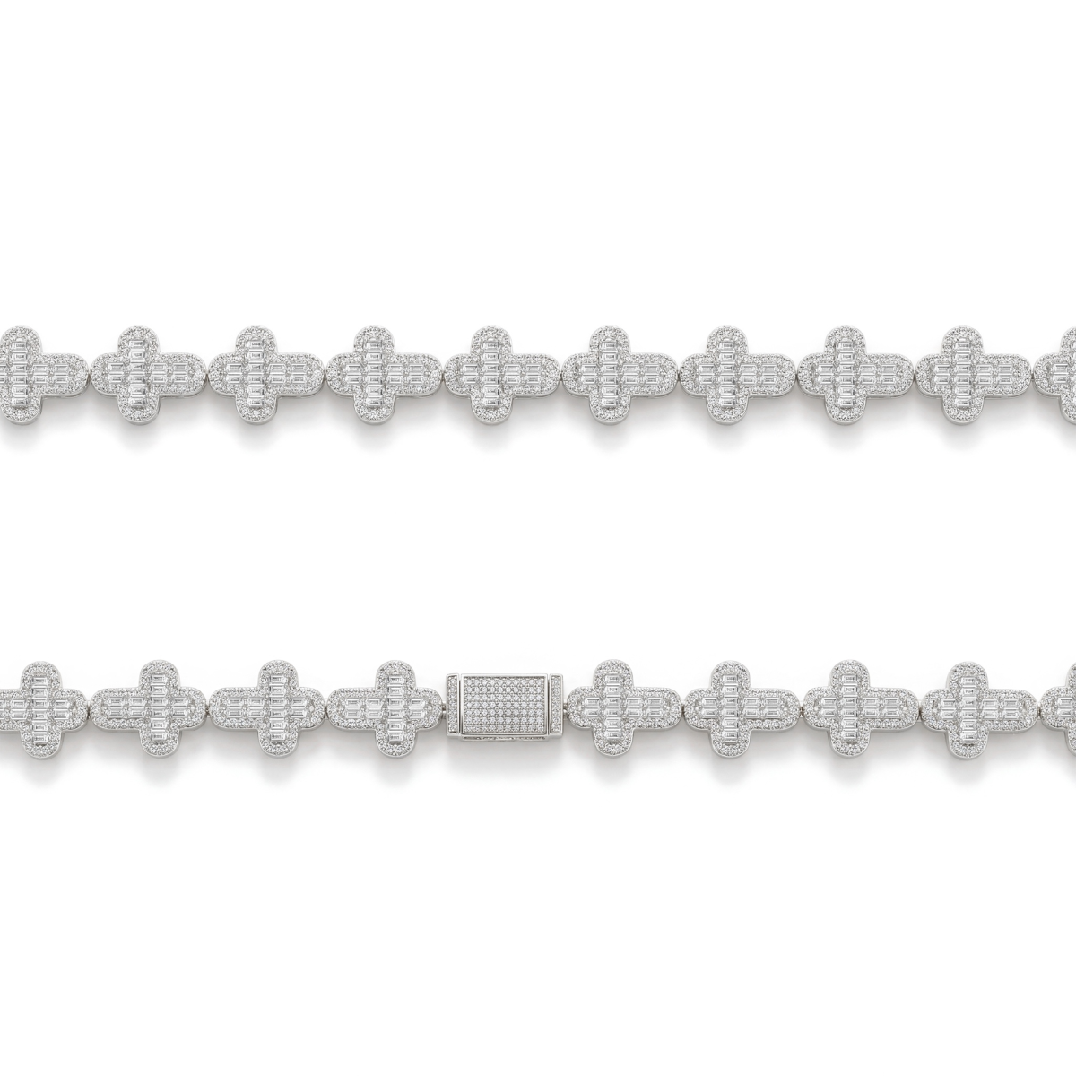 Virtuoso - Corrente com cruz em moissanite de talhe esmeralda, com pavé e fecho marcante