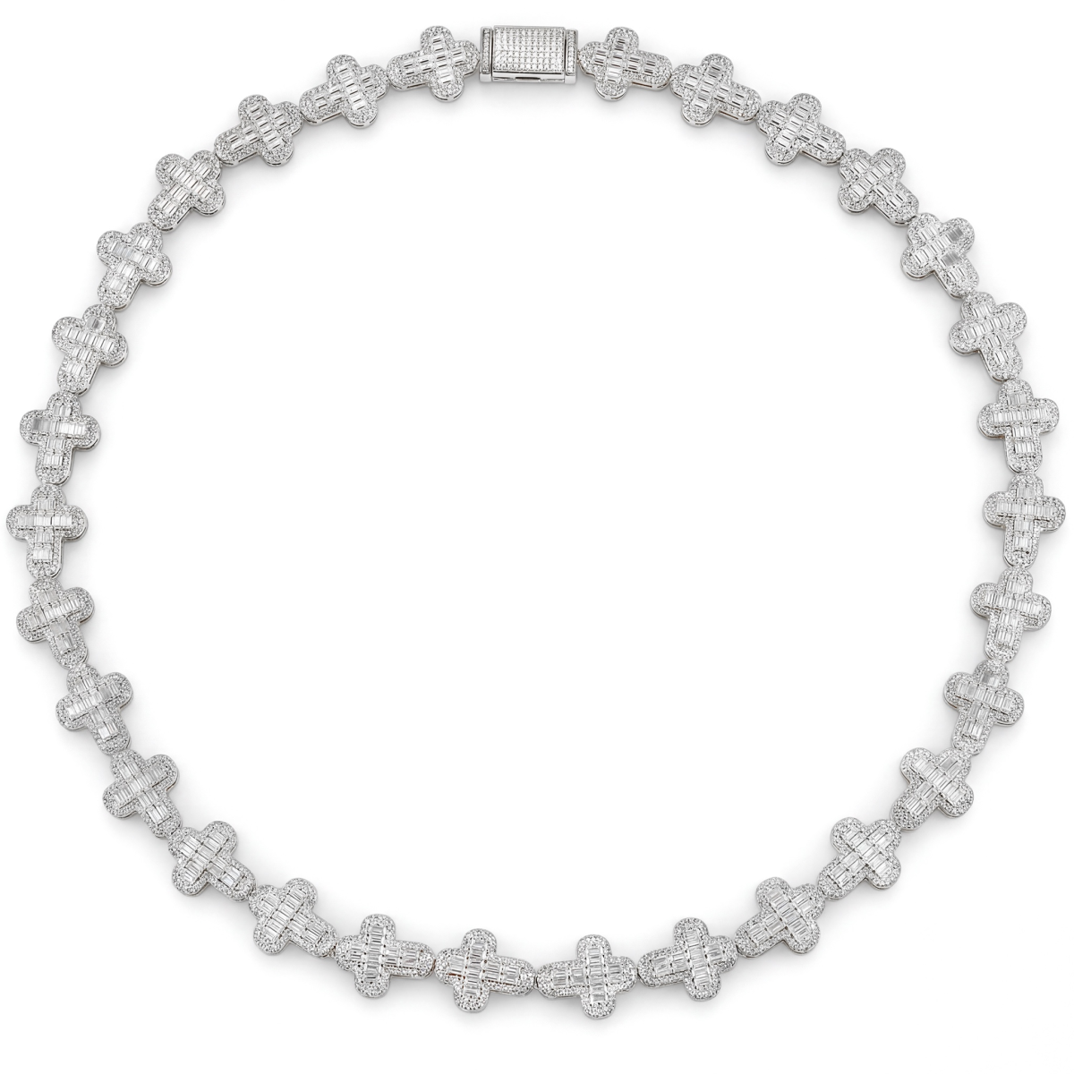 Virtuoso - Corrente com cruz em moissanite de talhe esmeralda, com pavé e fecho marcante