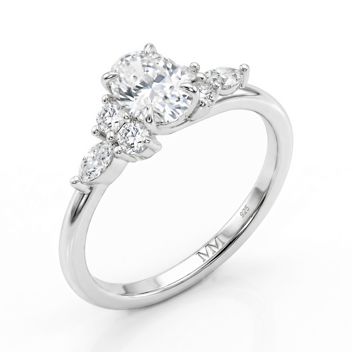 Olivette - Anel de noivado com moissanite de talhe oval e pedras laterais de talhe navette