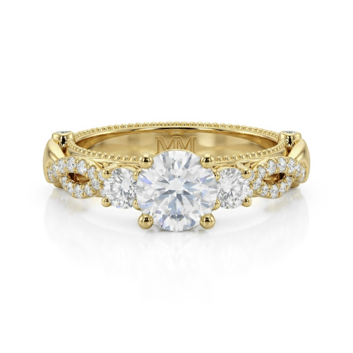 Circe - Anel de noivado em moissanite de inspiração vintage com pedras laterais e detalhes em filigrana