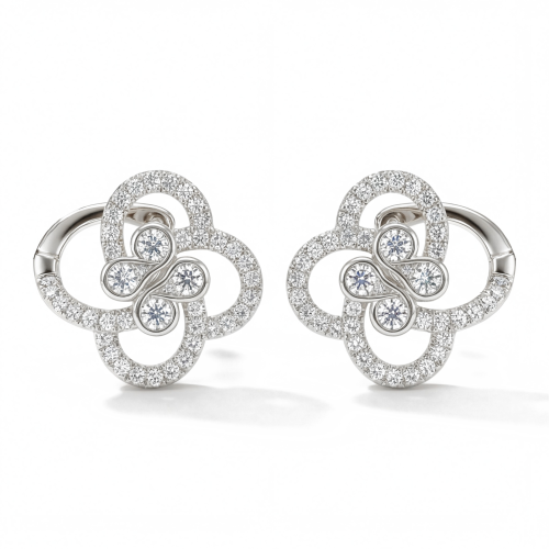 Vortexia - Brincos de trevo com motivo floral em moissanite e brilho da cravação em pavé