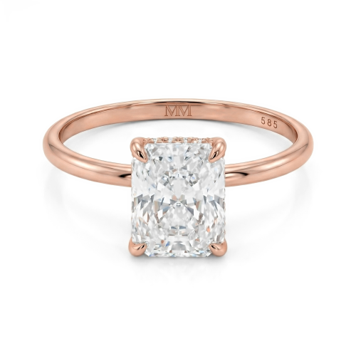 Mirabelle - Anel solitário em moissanite com talhe radiante, cravação em cesto e halo oculto