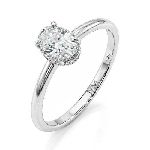 Ovalisse - Anel em moissanite de talhe oval com halo oculto circular