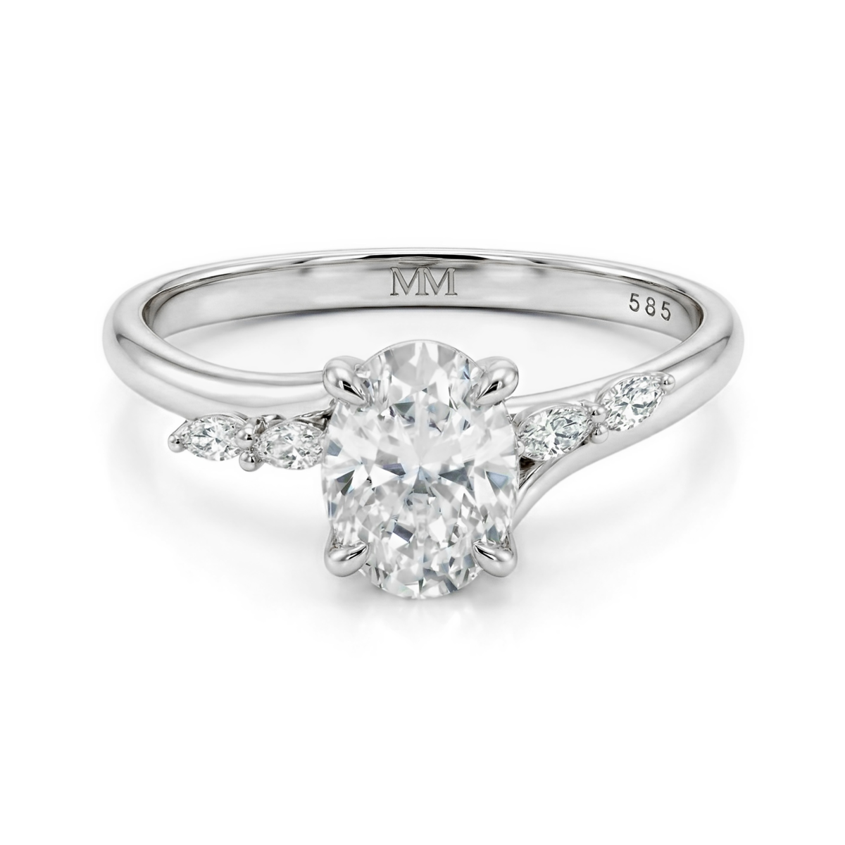 Viviette - Anel de noivado em moissanite de talhe oval com pedras secundárias navette