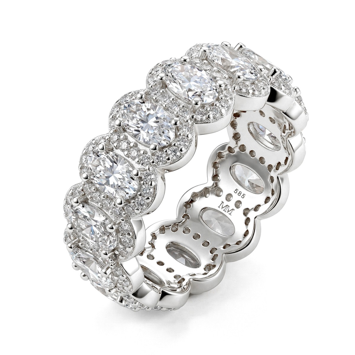 Opaline - Anel de eternidade em moissanite de talhe oval com halo recortado em pavé