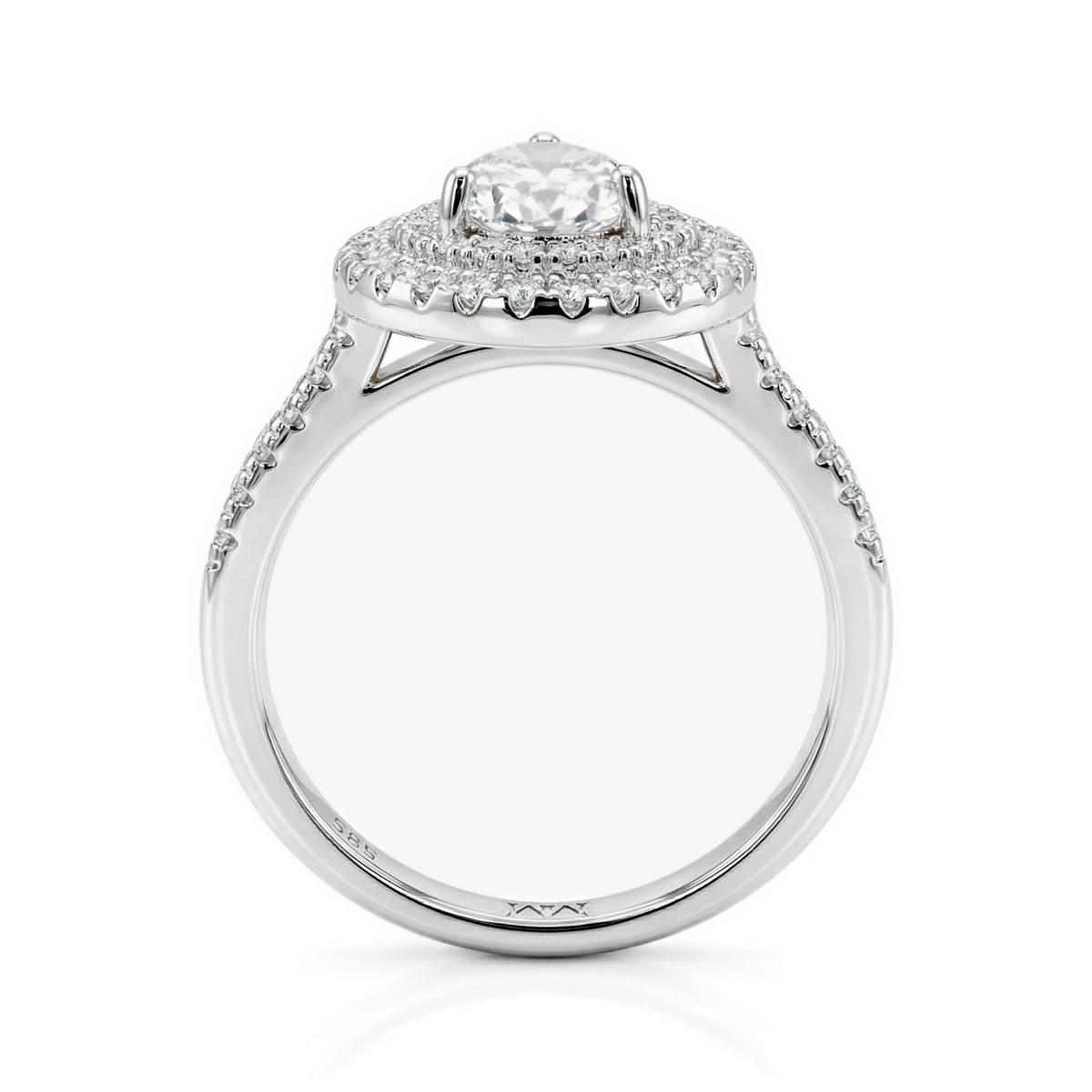 Athena - Anel de noivado em moissanite com talhe pera, halo duplo e aro em pavé
