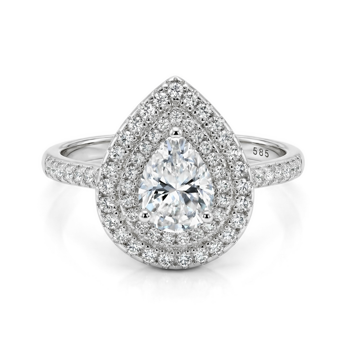 Athena - Anel de noivado em moissanite com talhe pera, halo duplo e aro em pavé