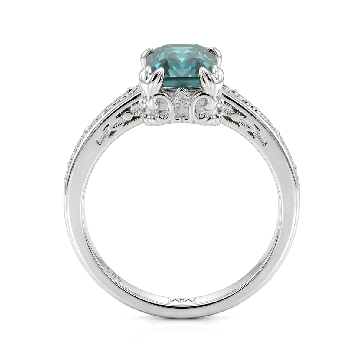 Verdisia - Anel de noivado vintage floral com moissanite verde de talhe esmeralda