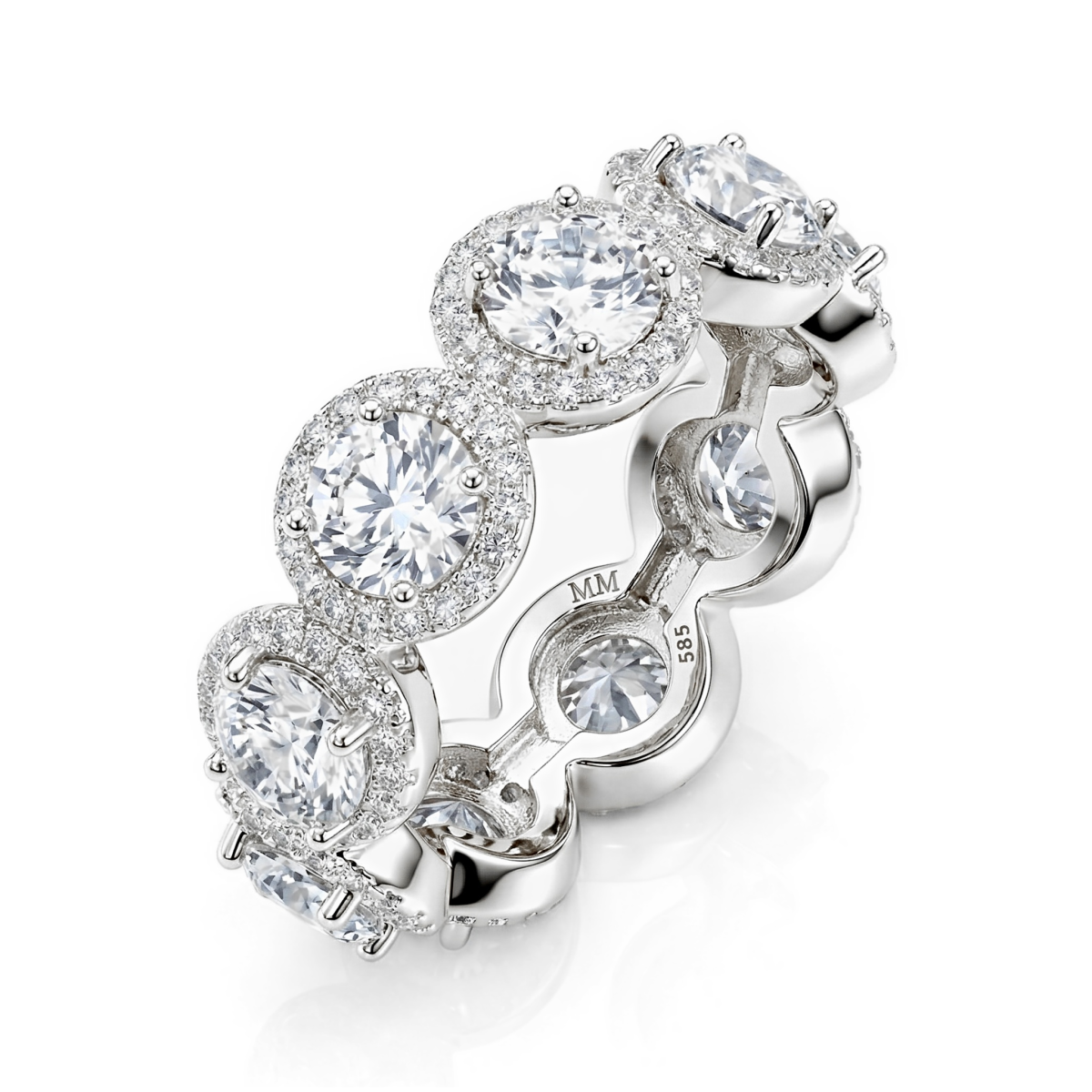 Allegra - Anel de eternidade com moissanite com halo e pedras secundárias