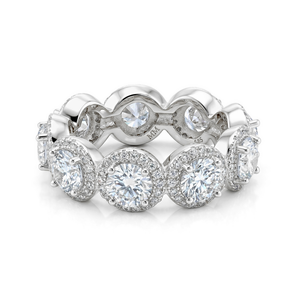 Allegra - Anel de eternidade com moissanite com halo e pedras secundárias