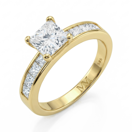 Clarity - Anel de noivado em moissanite de talhe princesa com pedras laterais cravadas em calha