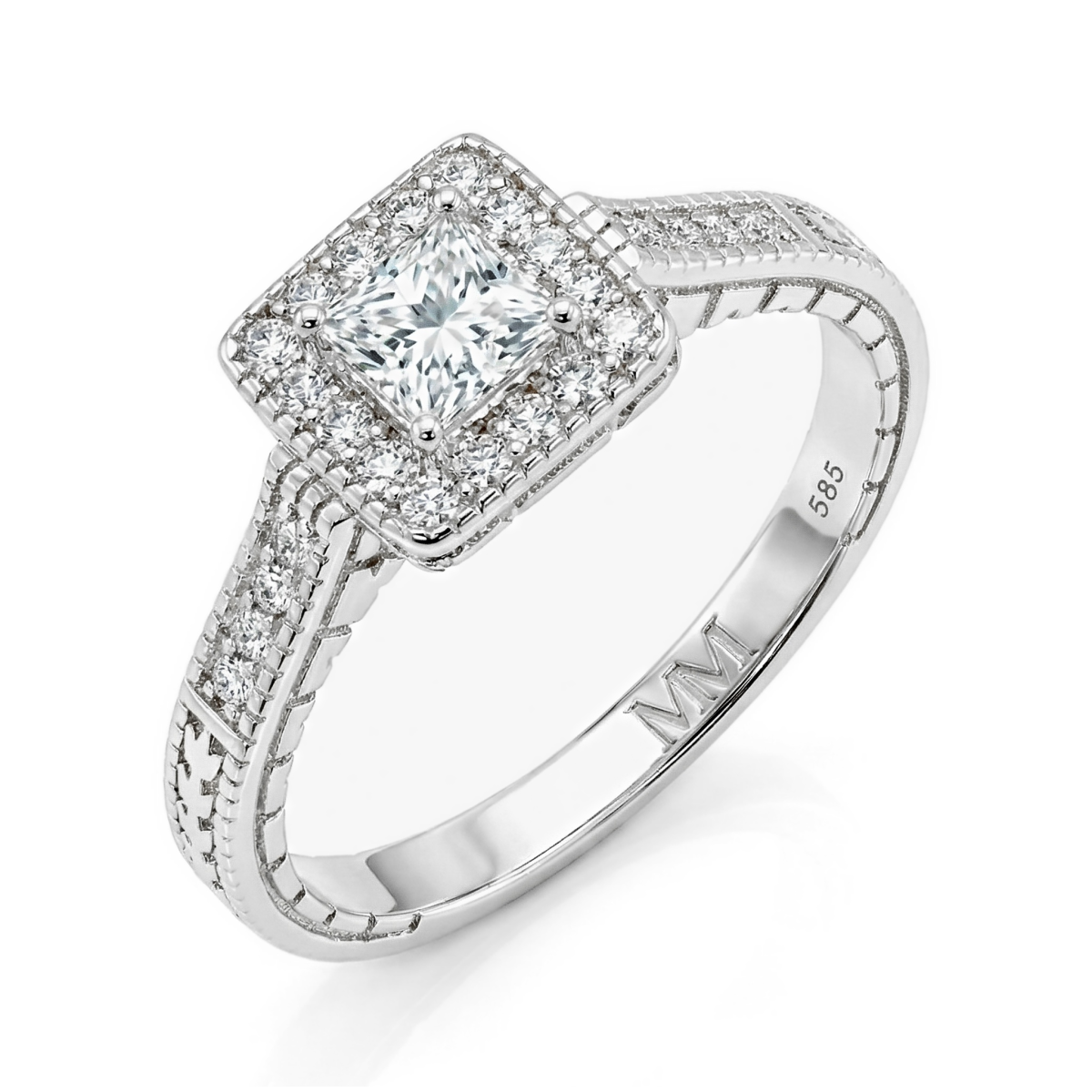 Paragone - Anel de noivado em moissanite de talhe princesa com halo e aro texturado